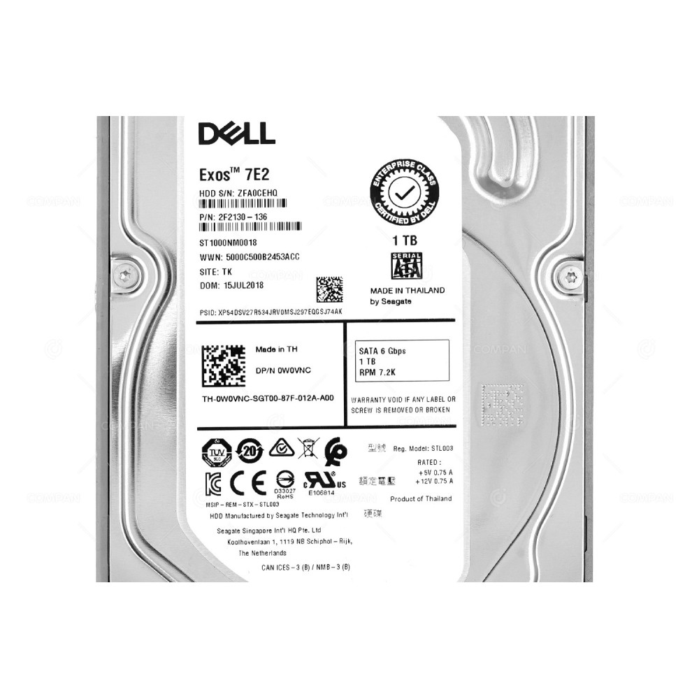 W0VNC DELL 1TB 7.2K 6G SATA 3.5 LFF HARD DRIVE 0W0VNC, ST1000NM0018